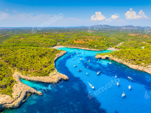 Preview: Aerial view of Cala Mondrago bay and turquoise sea in Mallorca, Spain.