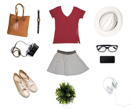 Preview: Fashion items arranged on a white background for creative layout and styling ideas