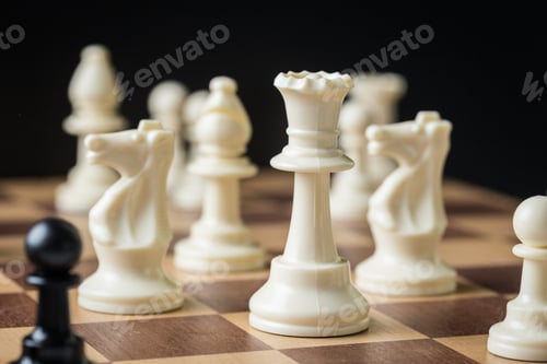 Preview: Chess game in progress with white and black pieces on a wooden board