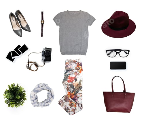 Preview: Fashion items arranged on a white surface with a focus on accessories and clothing