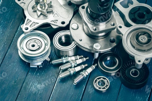 Preview: Car parts arranged on a blue wooden surface in a workshop setting