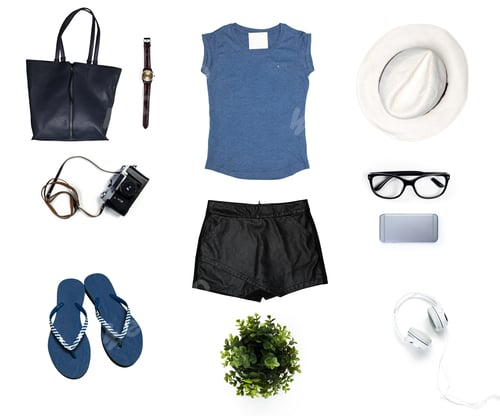 Preview: Various summer items arranged on a white surface for a casual lifestyle look