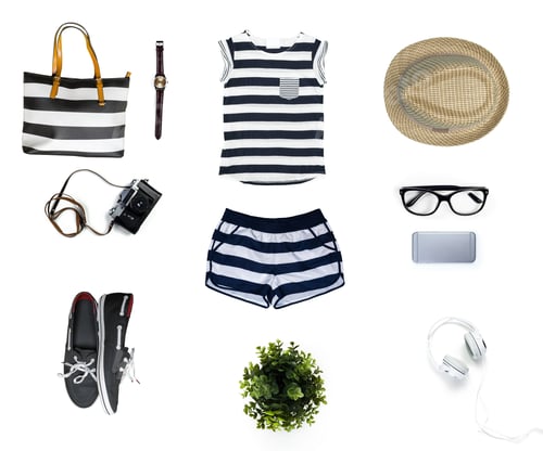 Preview: Items for a summer day at the beach with accessories laid out on a flat surface