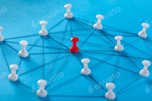 Preview: Network of connections with pins on blue background showing links and a central marker