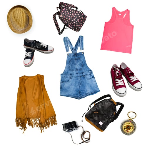 Preview: Summer travel gear layout with various clothing and accessories on a white background