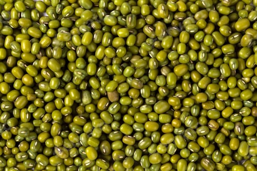 Preview: Green mung beans arranged neatly on a surface ready for cooking and processing at home