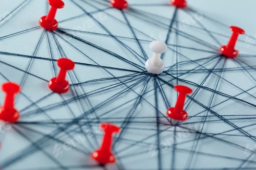 Preview: Connections and interactions between red pins and a white pin on a blue background