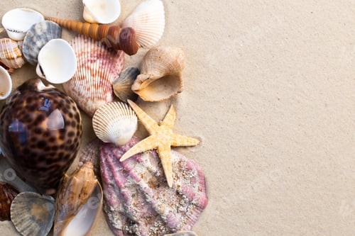 Preview: Colorful seashells on sandy surface create a beach feel during sunny day