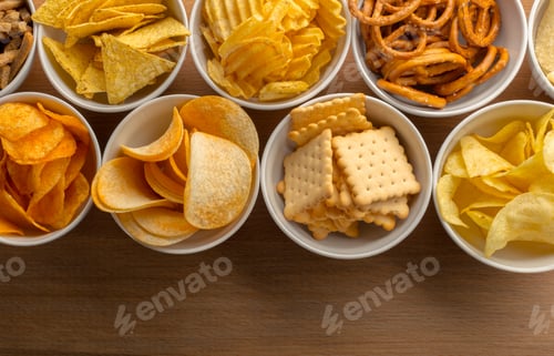 Preview: Various snacks in bowls served on a wooden table during a gathering with friends