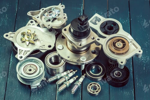 Preview: Different car engine parts arranged on a wooden surface with natural light