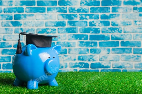 Preview: Piggy bank wearing a graduation cap on a green surface near a blue brick wall