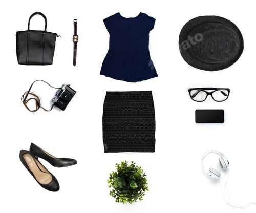 Preview: Fashion items and accessories arranged on a white background for style presentation