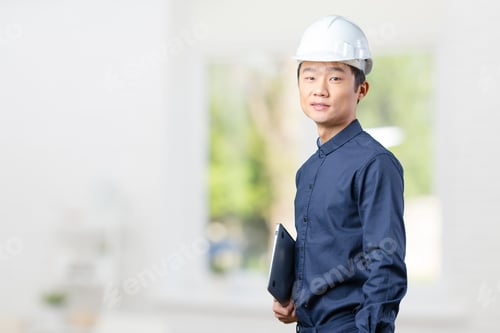 Preview: Construction worker stands with tablet in modern room with sunlight