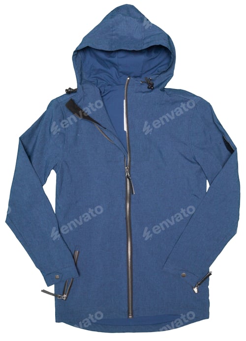 Preview: Blue jacket laid flat on a white background with zippers down the front and on the sides