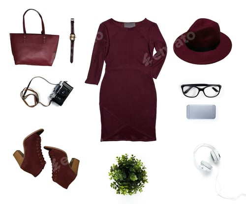 Preview: Fashion items arranged around a dress and accessories for a stylish look