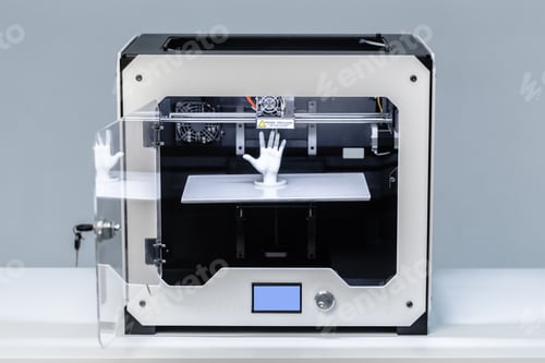 Preview: 3D printer creates a small hand model inside a workshop setting in the morning