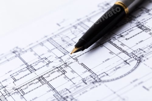 Preview: Plans and sketches of a building layout with a pen on drafting paper