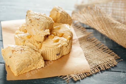 Preview: Soft dessert with nuts on brown paper on wooden table in bright light