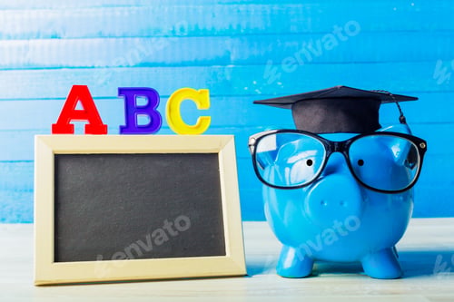 Preview: Colorful letters, a piggy bank, and a chalkboard display learning about money
