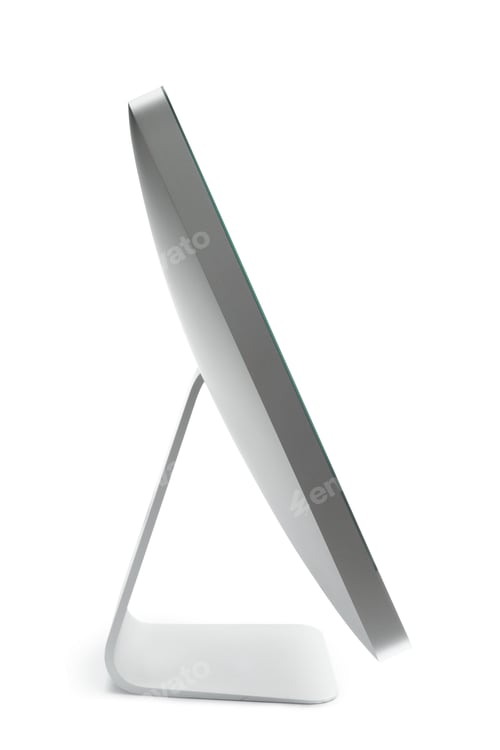 Preview: Modern monitor stands at an angle on a simple white surface in a bright space