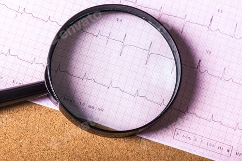 Preview: Analyzing heart rhythms with a magnifying glass on an ECG printed sheet in a medical setting