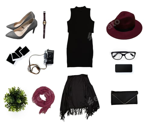 Preview: Black dress and stylish accessories arranged on a flat surface for a fashion display