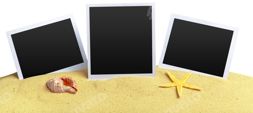 Preview: Photo frames on sandy beach near shell and starfish during sunny day in summer season