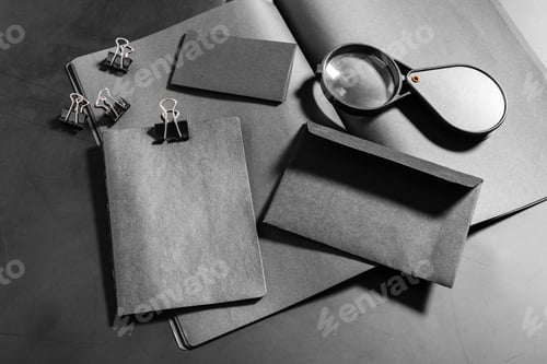 Preview: Office supplies and tools are organized on a dark table for a work setting