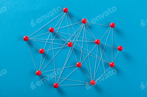 Preview: Visual setup of a network made with strings and red dots on a blue background
