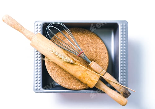 Preview: Rolling pin, whisk, and baking tools arranged in a tray on a white background