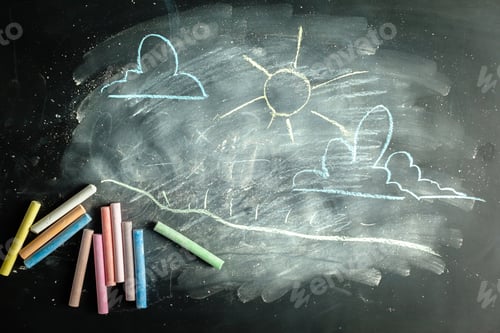 Preview: Chalk drawing of clouds and sun on a blackboard with colorful chalks beside it