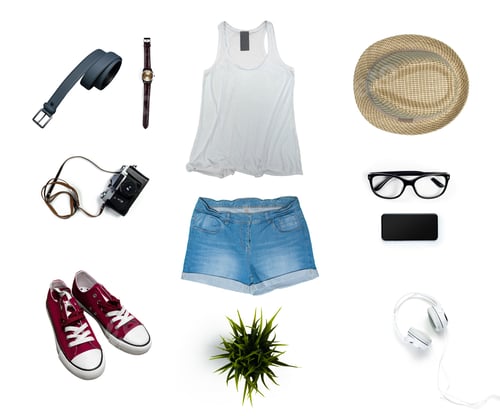 Preview: Items arranged for a casual day out in the summer sun with accessories and clothing
