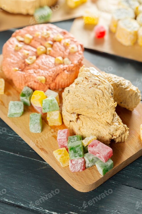 Preview: Sweet treats displayed on a wooden board with colorful candy and desserts