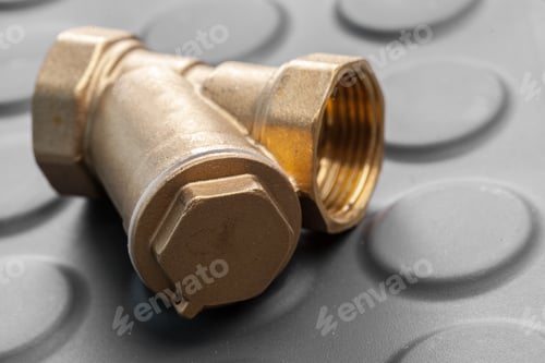 Preview: Brass pipe fitting on a textured black surface in a workshop setting