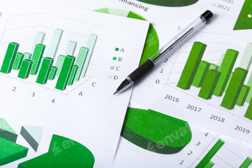 Preview: Charts and graphs show data trends in green colors for analysis in business study