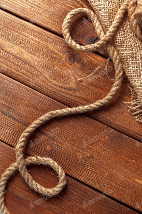 Preview: Rope and fabric on wooden surface in a simple arrangement during the day