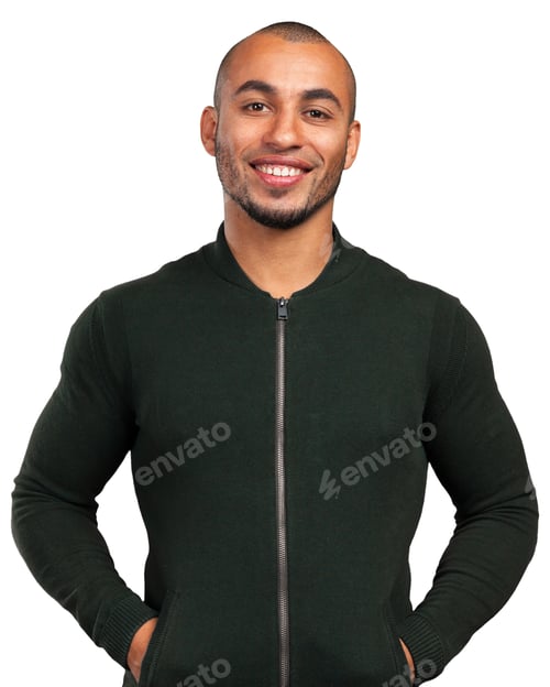 Preview: Smiling man in a dark sweater standing with hands in pockets and looking at the camera