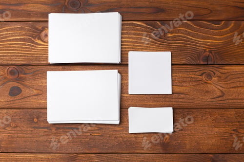 Preview: Blank paper sheets arranged on wooden table surface for crafts and notes