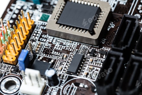 Preview: Close view of a computer motherboard with circuits and electronic components