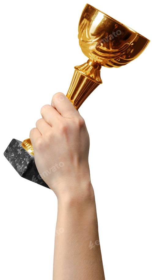 Preview: Person holds a golden trophy high above their head to show victory and achievement in a competition