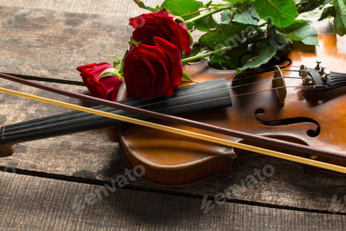 Preview: Violin and red roses placed on a wooden table for a special occasion