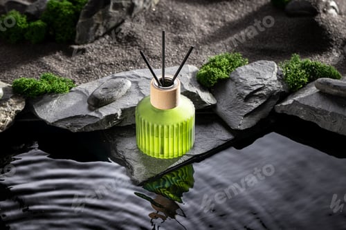 Preview: Aromatic fragrance diffuser in an oasis on stony black desert.