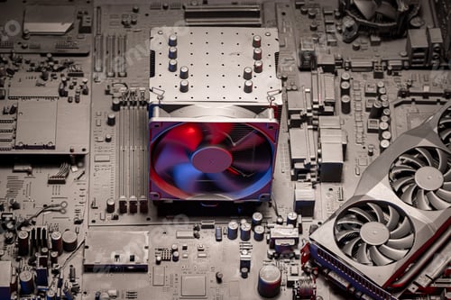 Preview: Inside a motherboards with processor and graphics card.