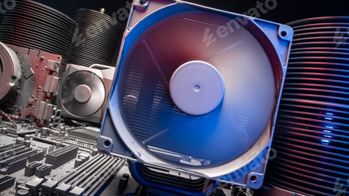 Preview: Detailed view of motherboards with large cooling radiator and fans.
