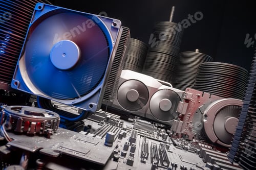 Preview: Detailed view of motherboards with CPU and GPU and heatsink.