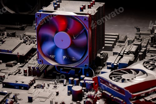 Preview: Inside a motherboards with computer electronics parts and fans.