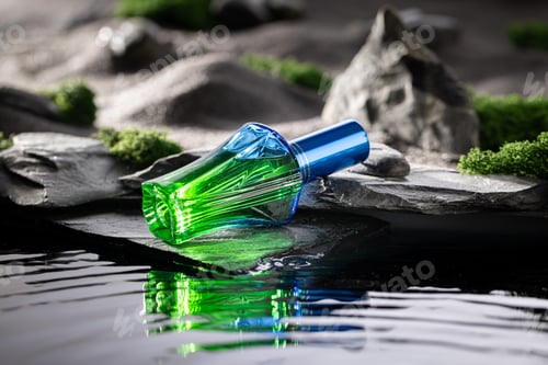 Preview: Intense green perfume on a lunar landscape with small pond.