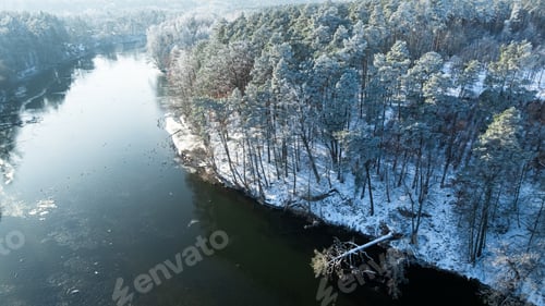 Preview: Frozen river and forest with rime in winter, Poland.