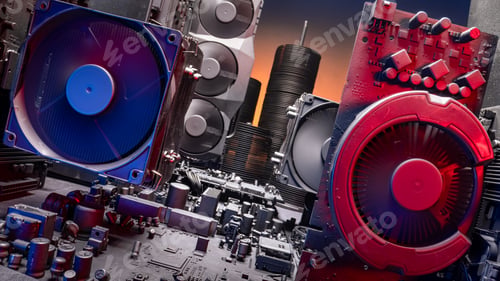 Preview: Spinning fans on motherboards with graphics card, heatsink and fans.