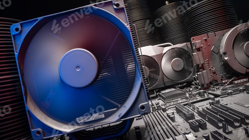 Preview: Closeup of motherboards with graphics card, heatsink and fans.